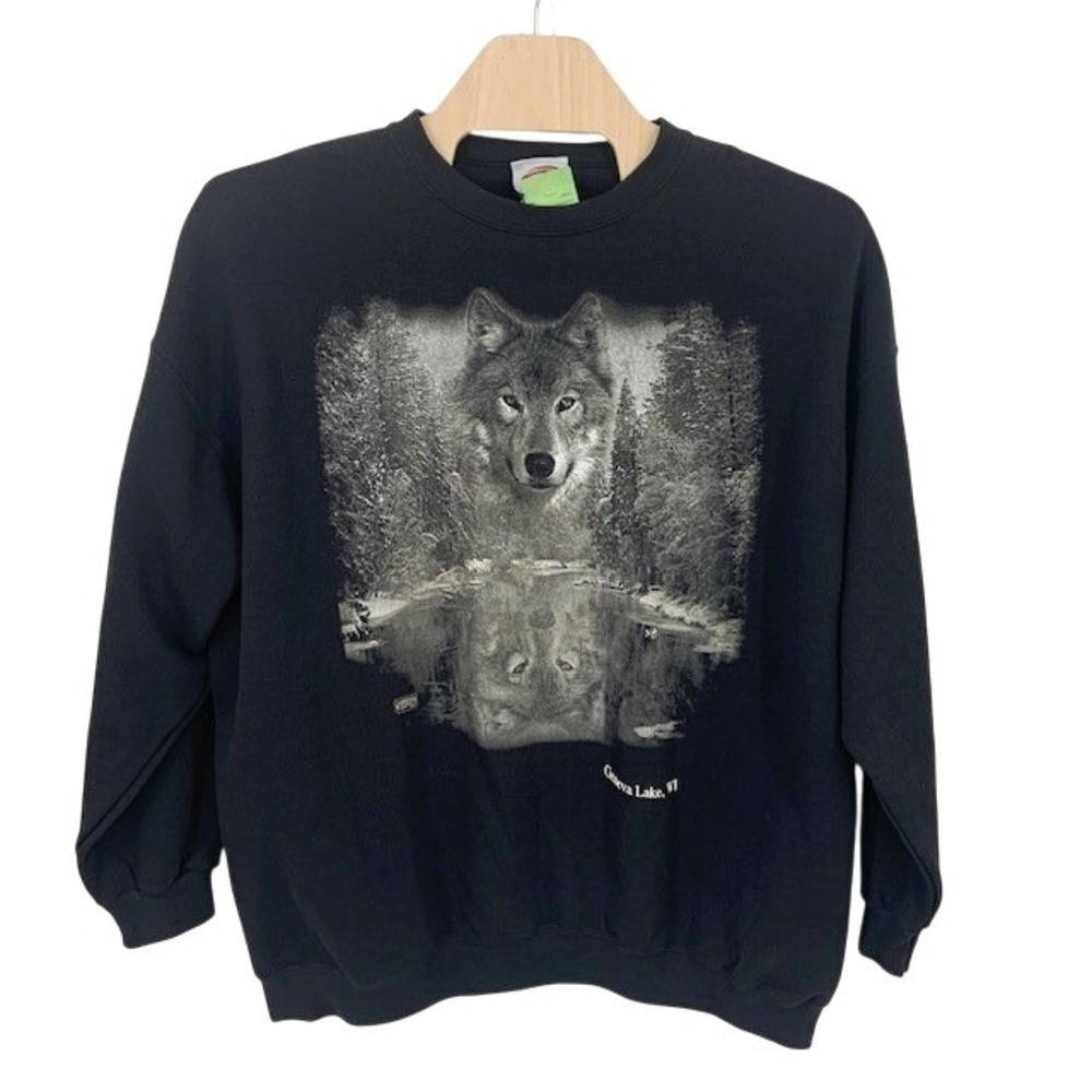 Vintage 90s Wolf Sweatshirt 2X Geneva Lake WI Cadre Athletic Crewneck Wildlife